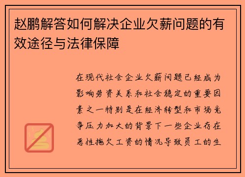 赵鹏解答如何解决企业欠薪问题的有效途径与法律保障 赵鹏解答如何解决企业欠薪问题的有效途径与法律保障