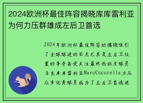 2024欧洲杯最佳阵容揭晓库库雷利亚为何力压群雄成左后卫首选 2024欧洲杯最佳阵容揭晓库库雷利亚为何力压群雄成左后卫首选
